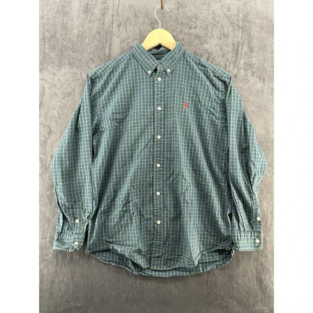 Ralph Lauren Boys XL 20 Green Blue Plaid Button Down Shirt 100% Cotton